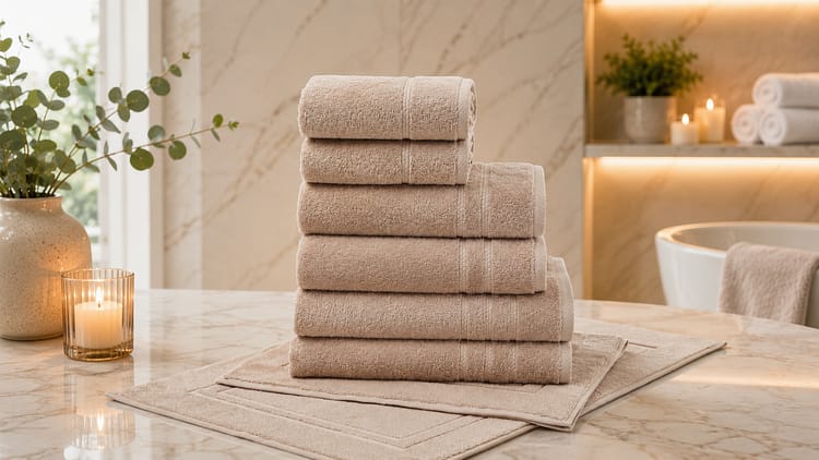 500GSM Latte towels – stacked neatly